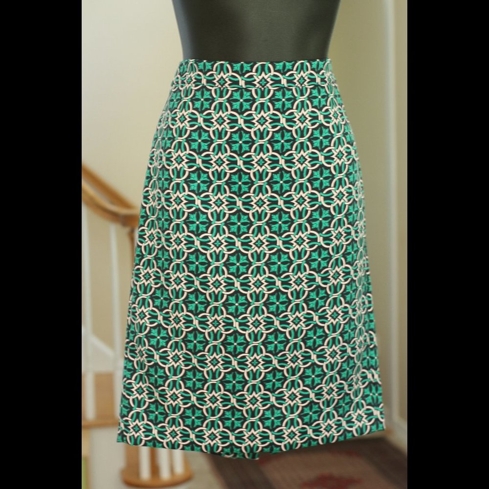 J Crew Navy, Teal and White Patterned Skirt